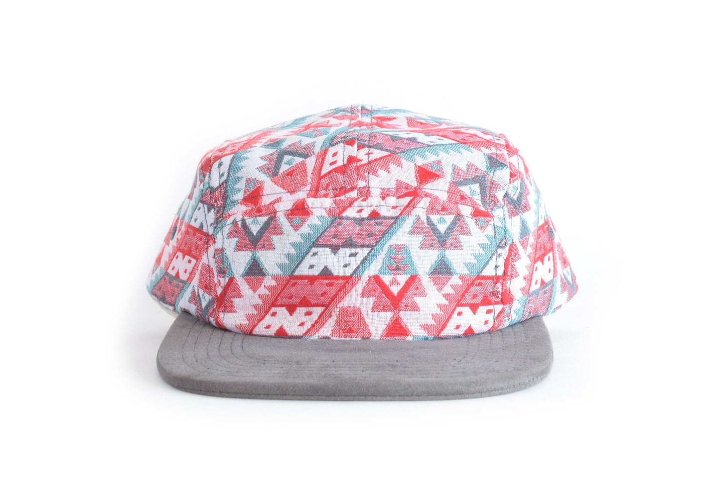 Cap with geometric pattern and gray brim on a white background