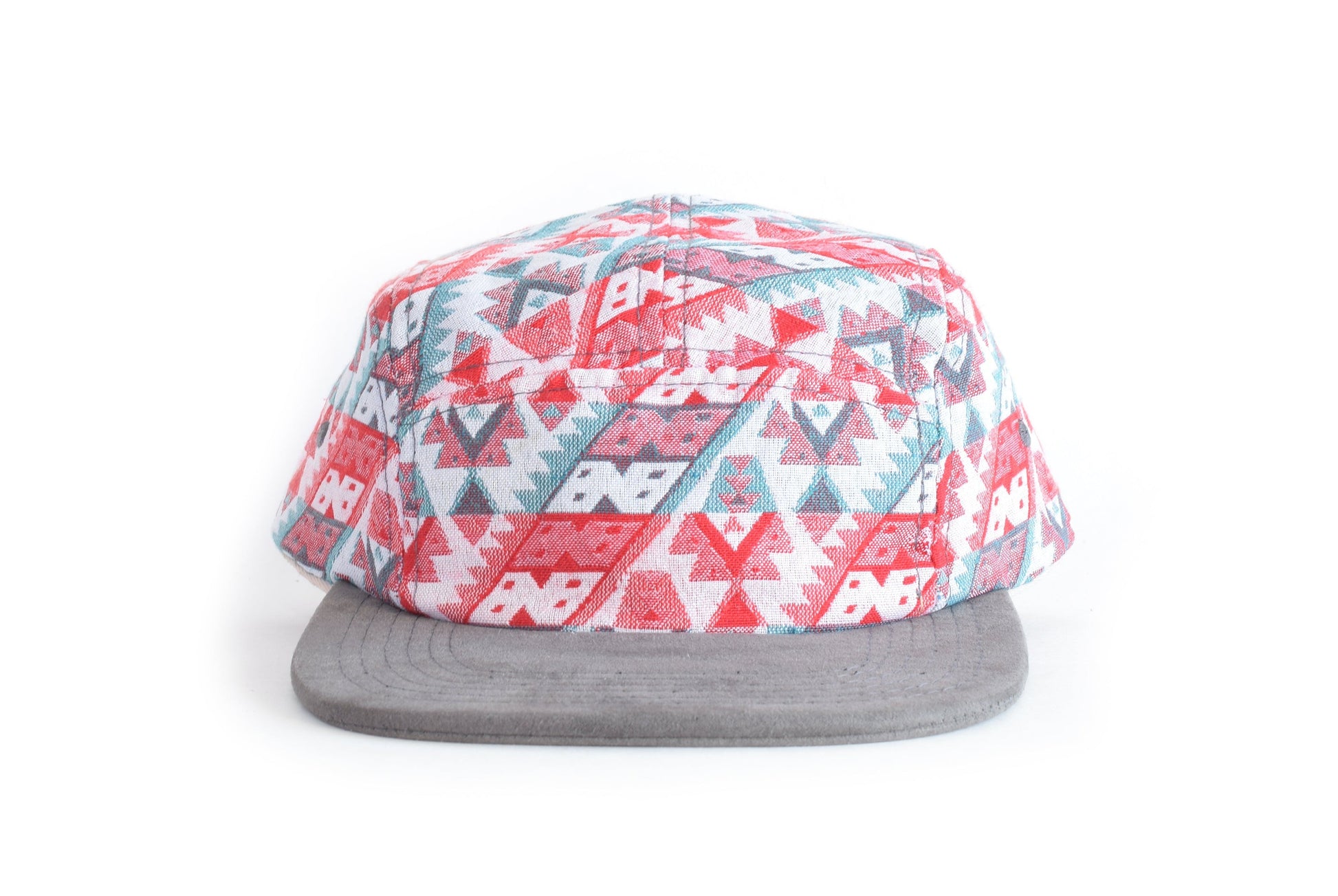 Cap with geometric pattern and gray brim on a white background