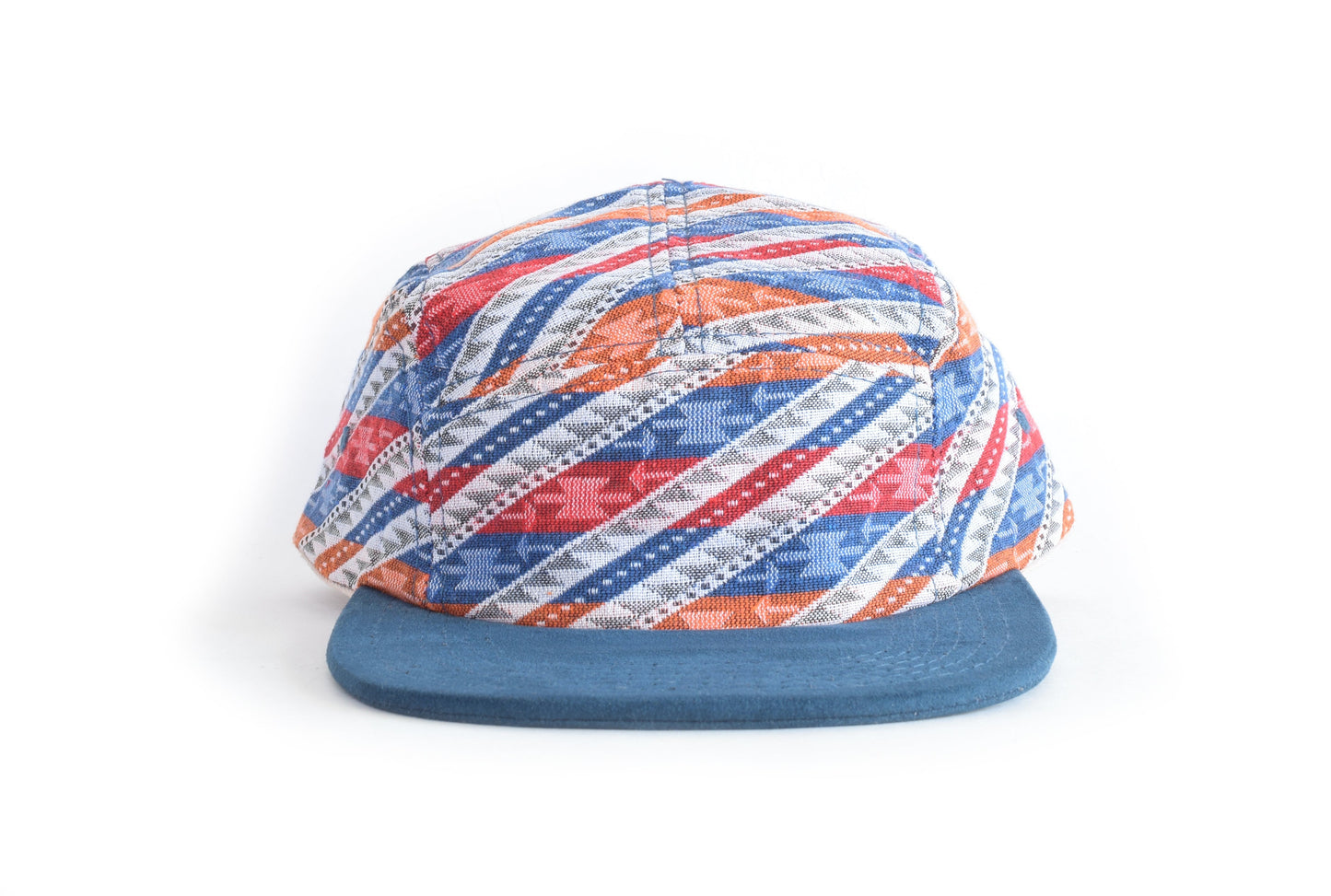 Colorful striped cap with blue brim on a white background