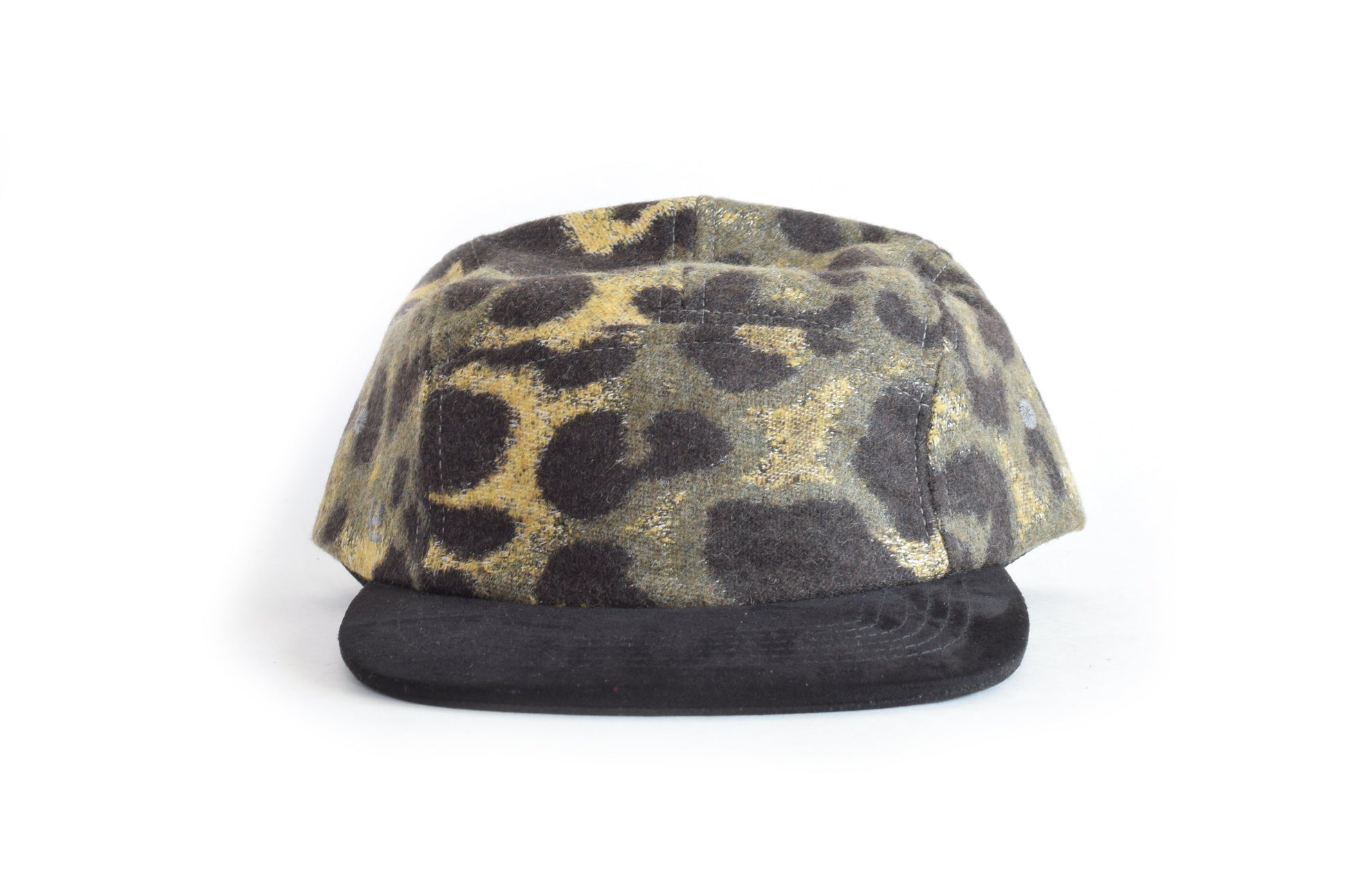 Leopard print cap with black brim on a white background