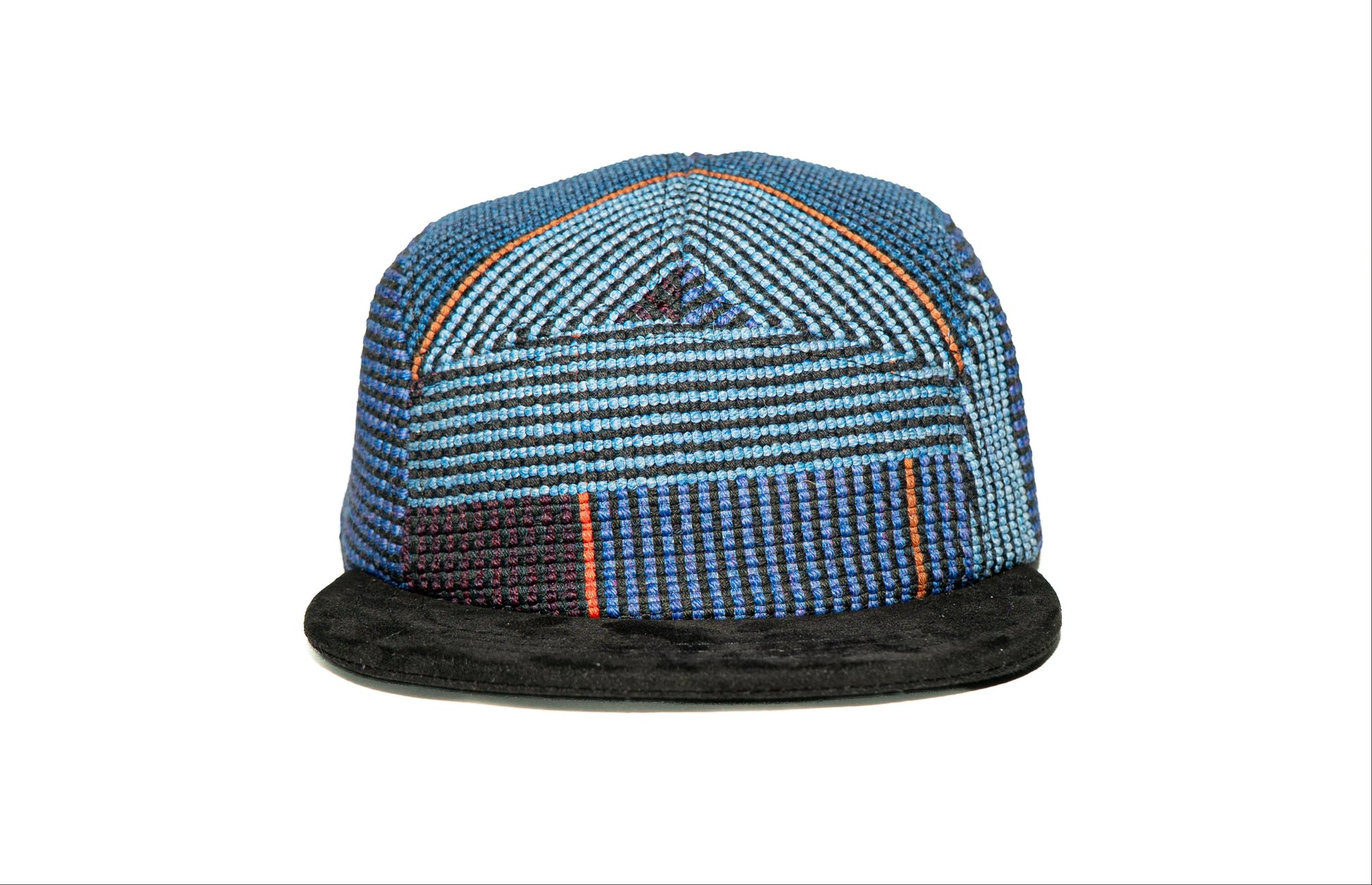 A structured baseball cap with a blue and black patterned crown and a contrasting black flat brim, shown against a plain white background.