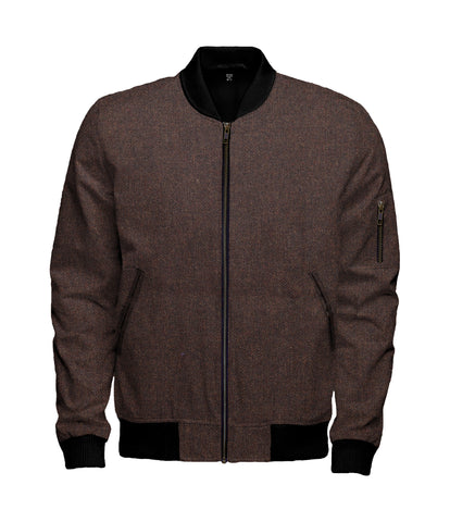 Dark Black Rust Herringbone Wool Bomber Jacket